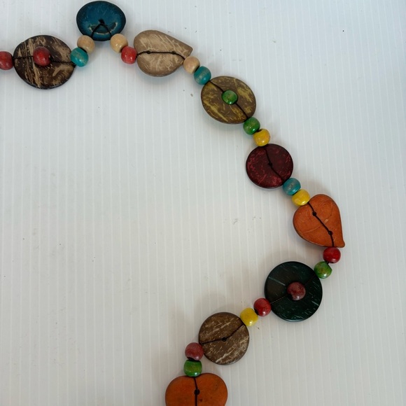 Colored wood bead necklace Tagua Nut Hearts circles Long No Clasp 18” Long - Picture 4 of 5